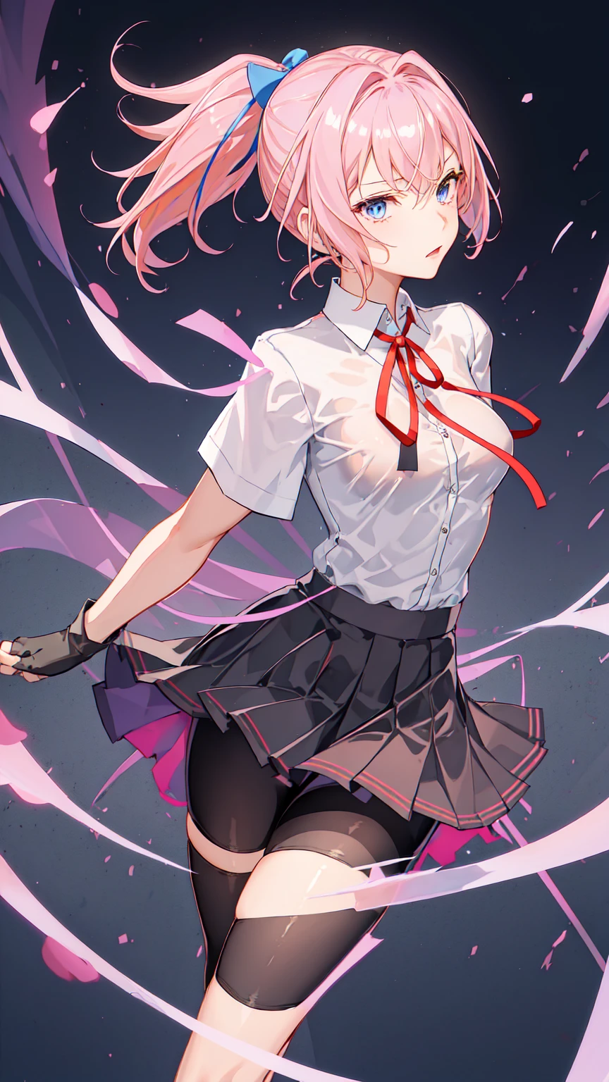 ((masterpiece)),(best quality),official art,extremely detailed CG,unity 8k wallpaper,ultra detailed,1girl,solo,cowboy shot,(portrait:1.2),neck_ribbon,red_ribbon,pink_hair,blue_eyes,fingerless_gloves,bike_shorts,pleated_skirt,ponytail,white_shirt,school_uniform,black_gloves,short_sleeves,grey_skirt,short_hair,dress_shirt,shorts_under_skirt,collared_shirt,zettai ryouiki thighhighs (visible nipple)small breasts.Narrow waist。Perfect proportions。Slender body。well-proportioned body。Poses that show off the side of the body(satin fabric shirt)