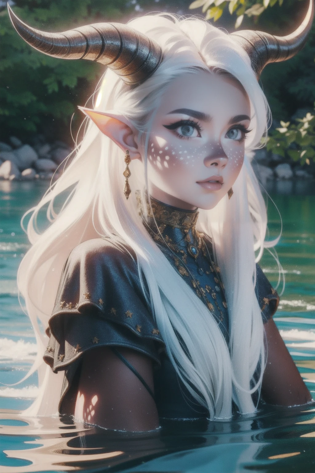 masterpiece, best quality, high quality, woman, faunmakeup, makeup, white spots, horns, pointy ears, dark upper lip, long white hair, on nature, whole body, sitting on the water, extremely detailed face, intricate details, beautiful detailed eyes, beautiful detailed lips, ethereal, mystical, surreal, fantasy, glowing skin, dramatic lighting, cinematic, 8k, photorealistic