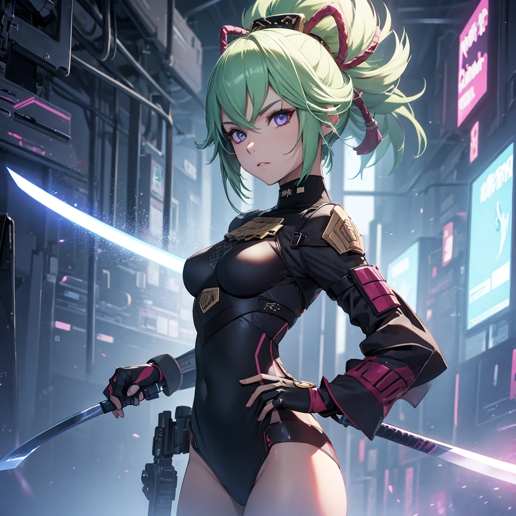 Make a girl in a futuristic setting with a katana in her hands.