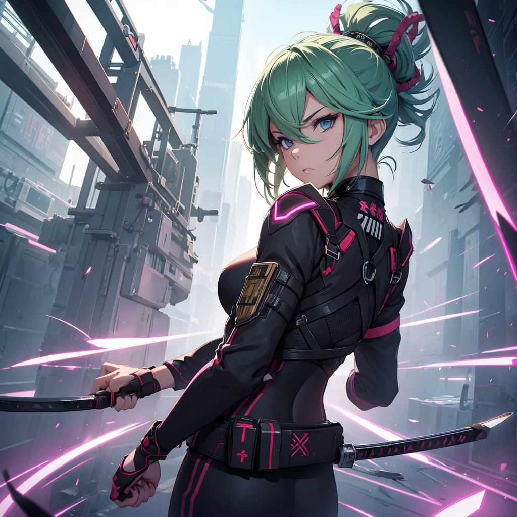 Make a girl in a futuristic setting with a katana in her hands.