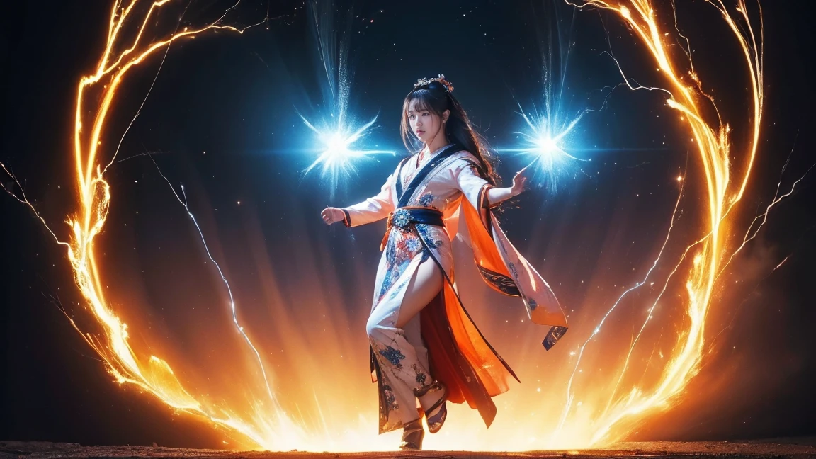 ((Highest quality、8k、masterpiece:1.3))、Realistic, Sharp focus, High resolution, High resolution,  alone, Full body photography、Japanese, Beautiful woman,Goddess Dress、Release of power、Bursting energy、thunder、kamehameha