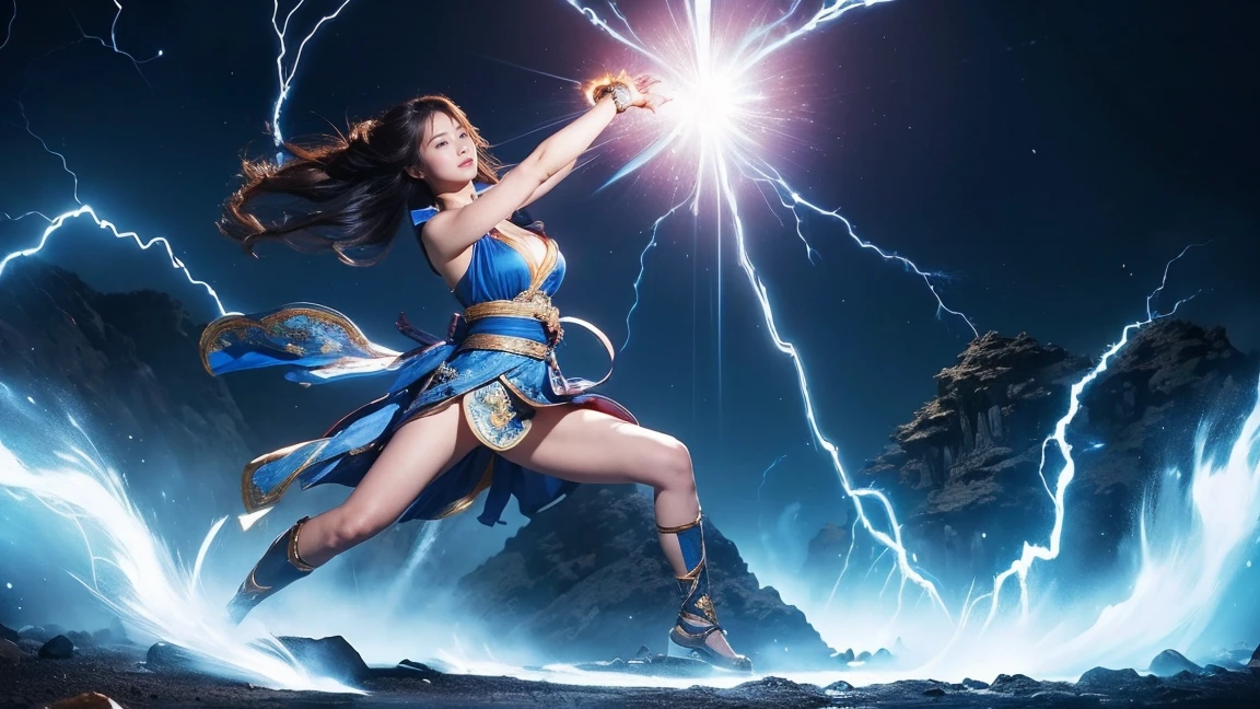 ((Highest quality、8k、masterpiece:1.3))、Realistic, Sharp focus, High resolution, High resolution,  alone, Full body photography、Japanese, Beautiful woman,Goddess Dress、Release of power、Bursting energy、thunder、kamehameha