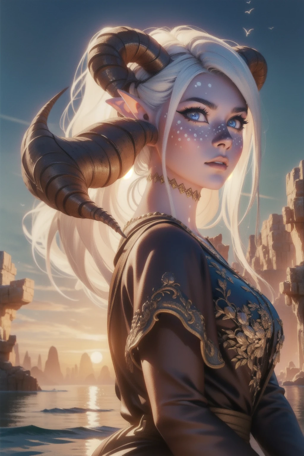 masterpiece, best quality, high quality, woman, faunmakeup, makeup, white spots, horns, pointy ears, dark upper lip, long white hair, on nature, whole body, sitting on the water, backwards, looking back, extremely detailed face, intricate details, beautiful detailed eyes, beautiful detailed lips, ethereal, mystical, surreal, fantasy, glowing skin, dramatic lighting, cinematic, 8k, photorealistic