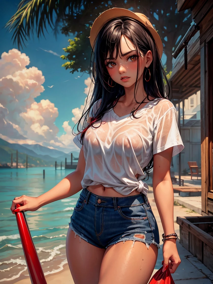 Raising a Mexican Woman, skin tanned, using red paddle,  and short jeans, long silky black hair, red lipgloss stick, red nails. Her hair is wet and her shirt