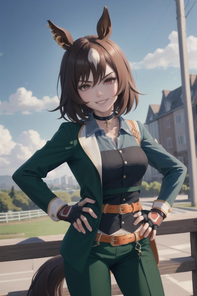 (masterpiece, best quality:1.2), solo, sirius symboli, smile, looking at viewer, hand on hip, horse ears, v-shaped eyebrows, green jacket, collared shirt, fingerless gloves, green pants, horse tail, choker, belt, outdoors 