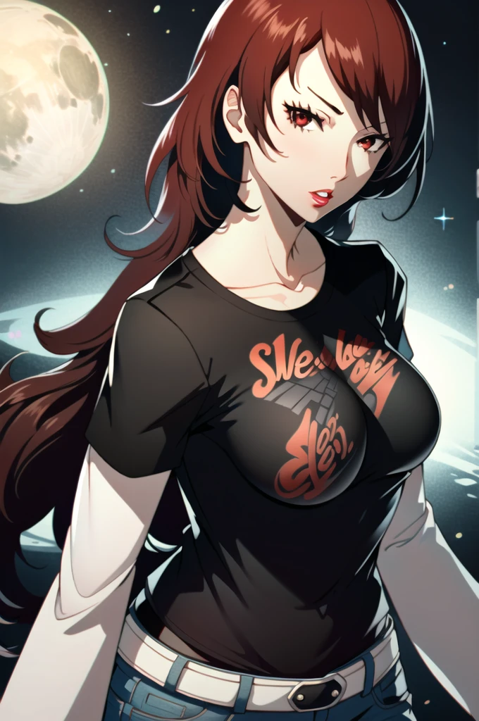 ((masterpiece, best quality))
Persona3Mitsuru, 1girl, solo, long hair, red hair, red eyes, black t-shirt, white shirt, jeans, belt, lipstick, large breasts, layered sleeves, red hair