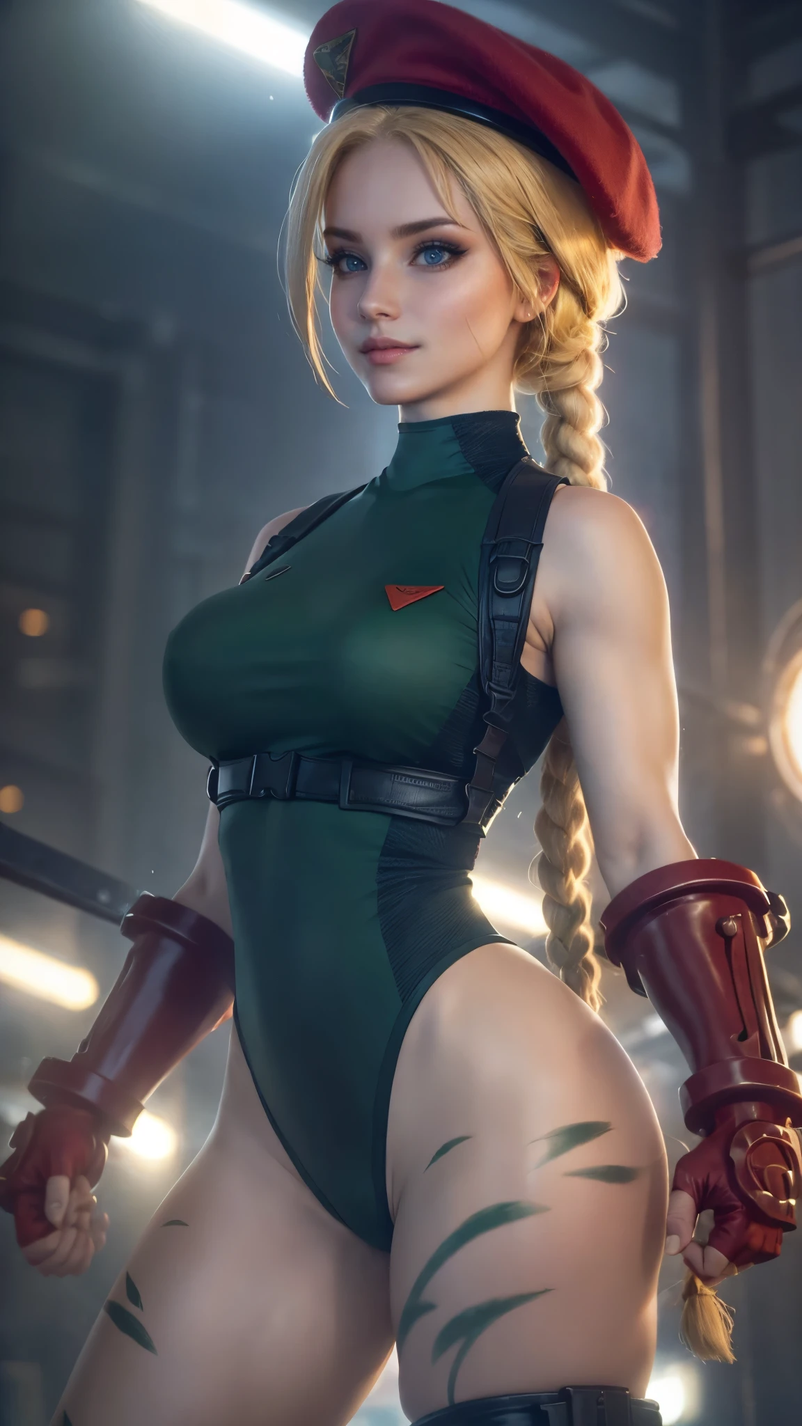 Cammy white da street fighter,(best quality, 4K,8k,high resolution,work of art:1.2)(weather: sunny), boxing stadium background, boxing ring, combat ready, long braided hair, blonde hair, harness, leotard, garrison cap, gloves, thigh high stockings, boots, ultra detailed,realistic,beautiful detailed blue eyes, beautiful detailed lips,extremely detailed eye and face, long eyelashes,average,large breasts,flying hair,beaming smile, fierce smile, powerful girl, bright coloured, dramatic lighting,