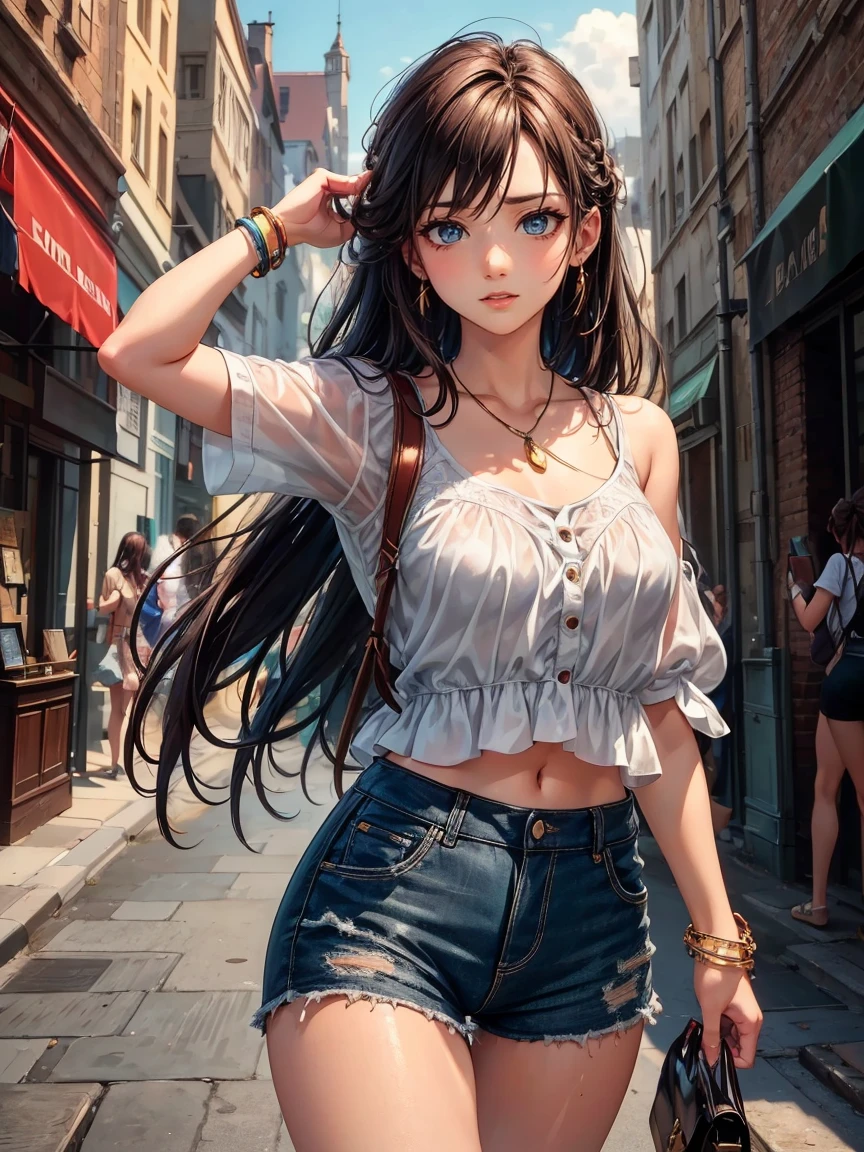 (work of art, best qualityer, ultra detali, high resolution, 4K),(beautiful detailed eyes),(very highly detailed face),(1 girl),HDR,long hair, Shorts, phone, eyes browns, chestnut hair, cellphone, bracelet, regatta, jewerly, to attend, lips, focus only, glaze, Blurry background, ssmile, wristto attend, realisitic, Blurry, looking ahead at viewer