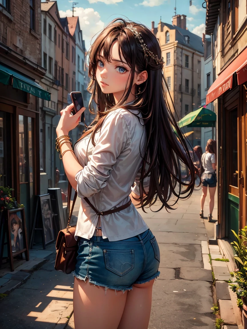 (work of art, best qualityer, ultra detali, high resolution, 4K),(beautiful detailed eyes),(very highly detailed face),(1 girl),HDR,long hair, Shorts, phone, eyes browns, chestnut hair, cellphone, bracelet, regatta, jewerly, to attend, lips, focus only, glaze, Blurry background, ssmile, wristto attend, realisitic, Blurry, looking ahead at viewer