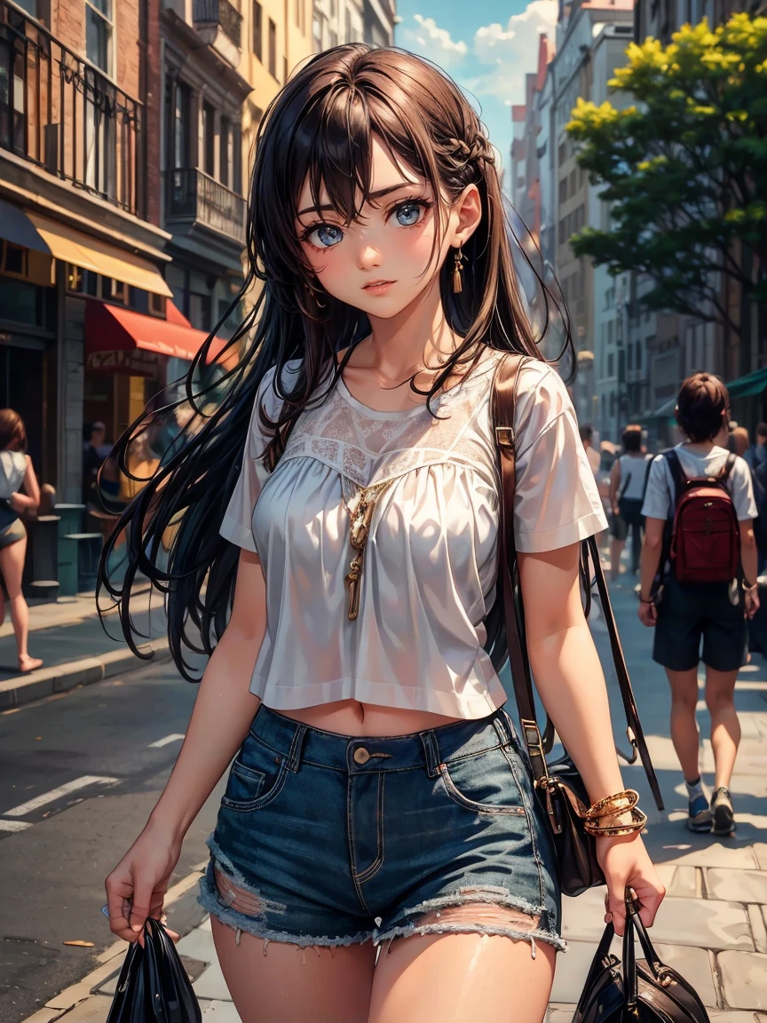 (work of art, best qualityer, ultra detali, high resolution, 4K),(beautiful detailed eyes),(very highly detailed face),(1 girl),HDR,long hair, Shorts, phone, eyes browns, chestnut hair, cellphone, bracelet, regatta, jewerly, to attend, lips, focus only, glaze, Blurry background, ssmile, wristto attend, realisitic, Blurry, looking ahead at viewer