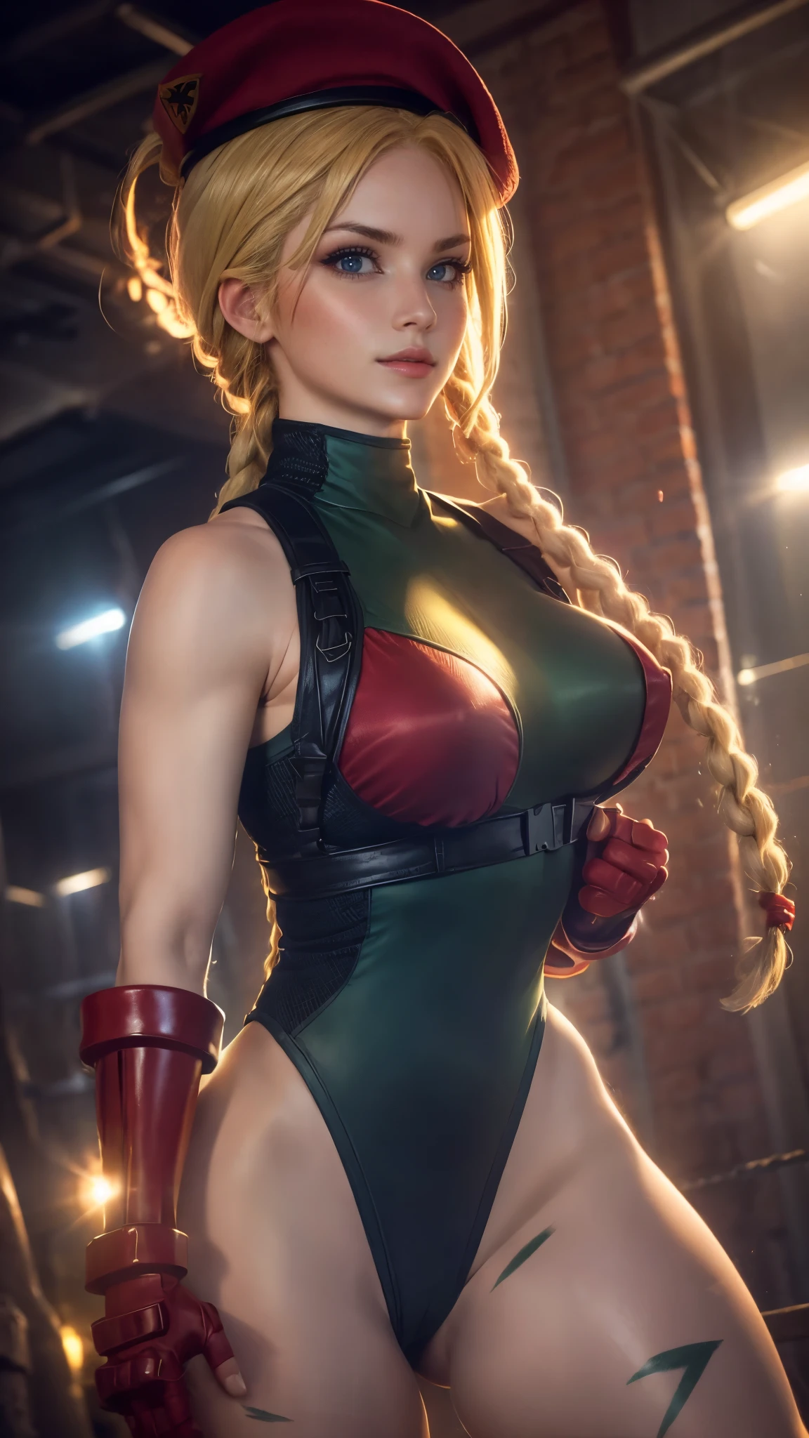 Cammy white da street fighter,(best quality, 4K,8k,high resolution,work of art:1.2)(weather: sunny), boxing stadium background, boxing ring, combat pose, long braided hair, blonde hair, harness, leotard, garrison cap, gloves, thigh high stockings, boots, ultra detailed,realistic,beautiful detailed blue eyes, beautiful detailed lips,extremely detailed eye and face, long eyelashes,average,large breasts,flying hair,beaming smile, sexy smile, powerful girl, bright coloured, dramatic lighting,