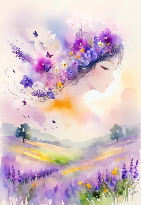 this watercolor floral painting presents an elegant and fresh visual effect。wildflower and lavender fields，the perfect combinati...