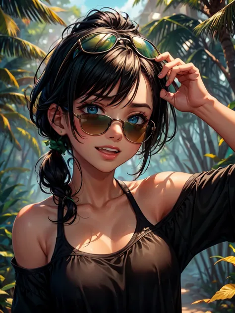 a realistic portrait of a tanned girl with black hair and bright forest green eyes laughing with sunglasses on her head