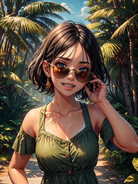 a realistic portrait of a tanned girl with black hair and bright forest green eyes laughing with sunglasses on her head