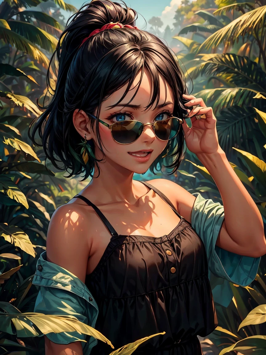 A realistic portrait of a tanned girl with black hair and bright forest green eyes laughing with sunglasses on her head