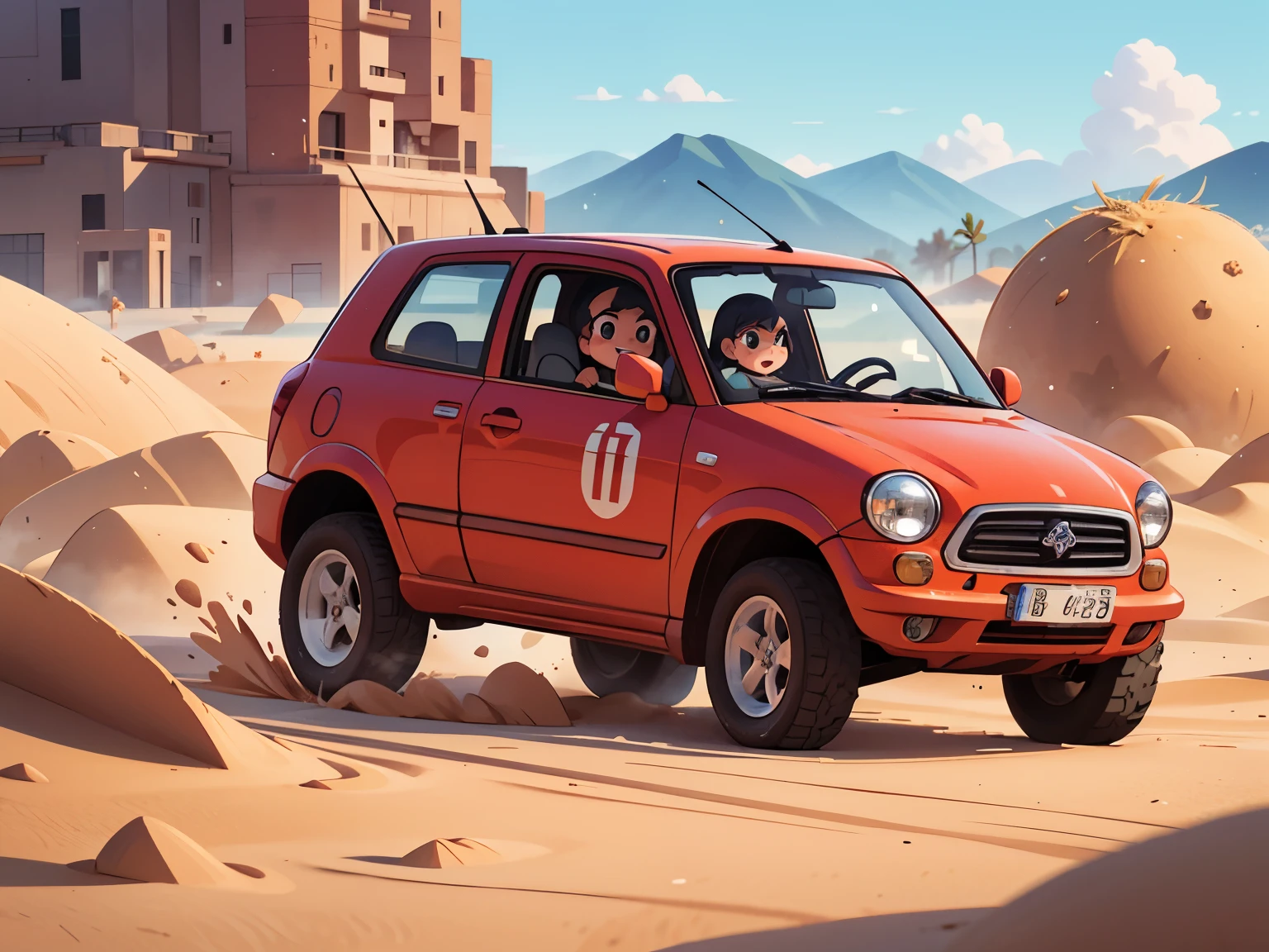 Octane Rendering、(Hyper Detail: 1.2)、(Soft Light、sharp: 1.2)、morning、In the desert、Sand pile，Very small old red modified minicar rally car，Front spoiler，Rear wing，Over fender，Very short dress、Cute young girl，Driving a car，Dynamic Driving Experience，Sand Planet，Desert Rally，Fast and Agile，Jump，sneakers，Anatomically correct，Laughter，Dazzling Light，It will happen:1.2，Tamiya box art:1.2，