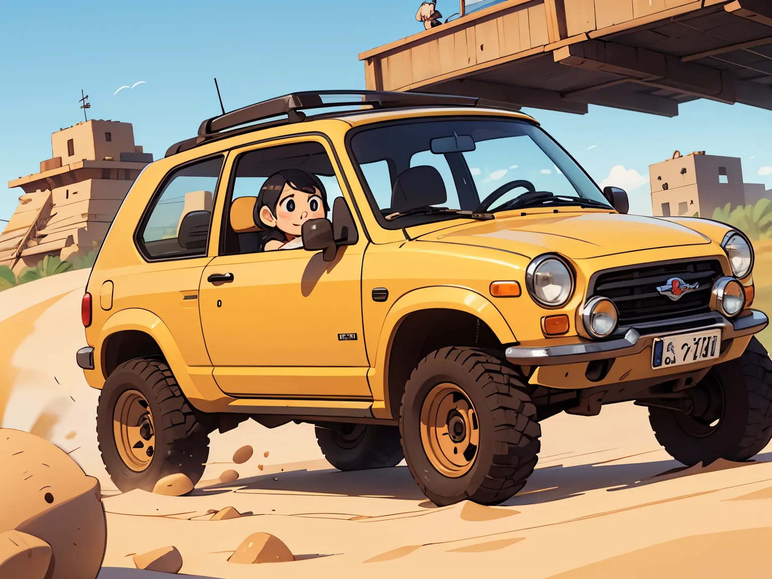 Octane Rendering、(Hyper Detail: 1.2)、(Soft Light、sharp: 1.2)、morning、In the desert、Sand pile，Very small old red modified minicar rally car，Front spoiler，Rear wing，Over fender，Very short dress、Cute young girl，Driving a car，Dynamic Driving Experience，Sand Planet，Desert Rally，Fast and Agile，Jump，sneakers，Anatomically correct，Laughter，Dazzling Light，It will happen:1.2，Tamiya box art:1.2，