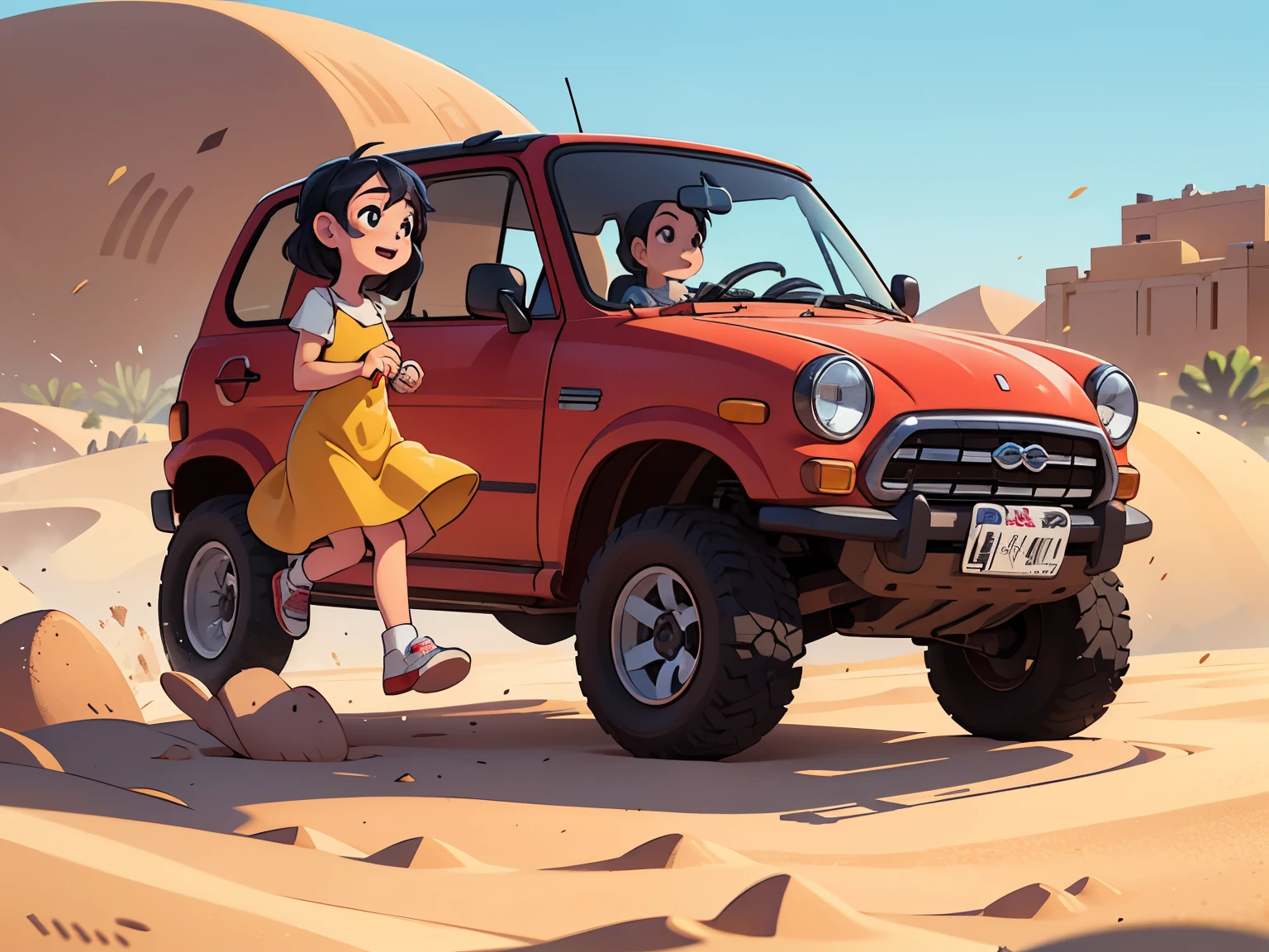 Octane Rendering、(Hyper Detail: 1.2)、(Soft Light、sharp: 1.2)、morning、In the desert、Sand pile，Very small old red modified minicar rally car，Front spoiler，Rear wing，Over fender，Very short dress、Cute young girl，Driving a car，Dynamic Driving Experience，Sand Planet，Desert Rally，Fast and Agile，Jump，sneakers，Anatomically correct，Laughter，Dazzling Light，It will happen:1.2，Tamiya box art:1.2，