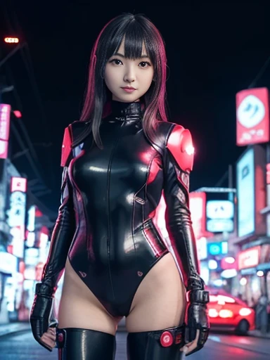 Japanese female, (underweight), (medium bust best quality:1.0), 30 years old, (cheerful grin:1.1),
(cyberpunk), big city, (dark atmosphere), standing in the center of an intersection, red armor bodysuit, midnight, flashy neon signs,(shot from a distance:1.7),