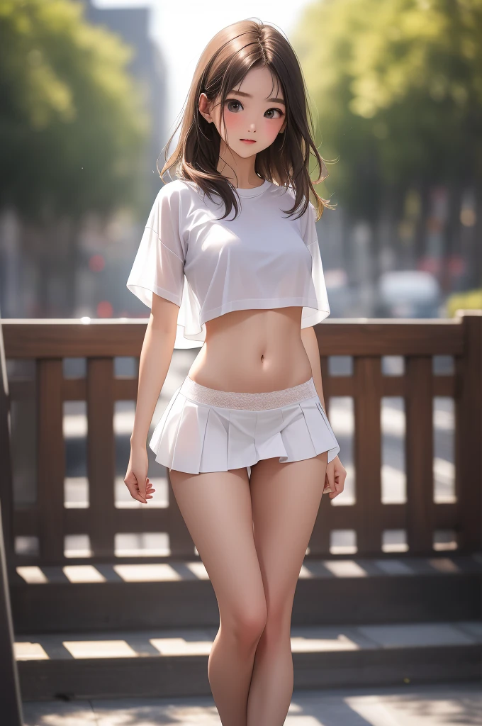 8k、masterpiece、RAW Photos、Highest quality、One girl、(Very slimで細身の筋肉質の体：1.3)、((Looking at the audience))、(White micro mini skirt)、(White low rise mini skirt)、Beautiful belly button、Look forward、(White sheer T-shirt)、(Brown Hair)、((Tight-fitting micro mini T-shirt))、Very slim、Big Breasts、exposed navel、(See-through string panties、Lace string panties、White panties、pubic hair、pubic hair、Camel Toe)、Bare thighs、Bright sunlight、garden、Blurred Background、street、building、wood、(White micro mini skirt)、(Red High Heels)、Full Body Shot、(Open chest)、