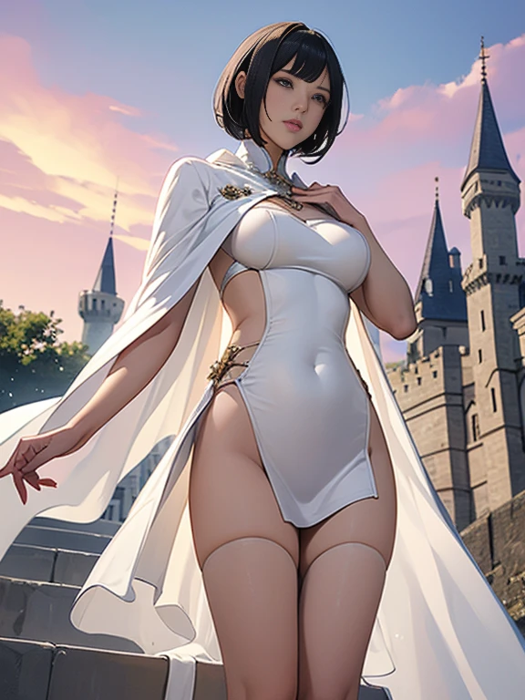 Highest quality, Official Art, masterpiece, Fabric Shading, High resolution, Very detailed, colorful, Best details, Fantasy, Combat Uniform, Song Jua:1.5, 1 female, Age 25, Black Hair, short hair, Up bang hair, One Length, Highest quality, Official Art, masterpiece, Fabric Shading, High resolution, Very detailed, colorful, Best details, Fantasy, Standing on the stairs, A castle town with an old castle, sunny, Random Hair, Large Breasts, skinny, A richly decorated white cloak, Surrounded by many people:1.9, Confetti falling, Blessed, welcome:1.5, Camel Toe:1.3, Ground level shot:,