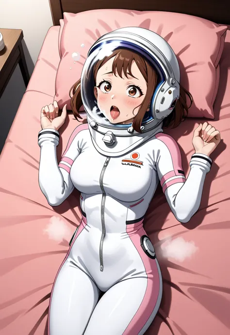 (spacesuit:1.15), ochako uraraka my hero academia, white cargo pants, astronaut)bubble helmet, space helmet , , looking at the a...