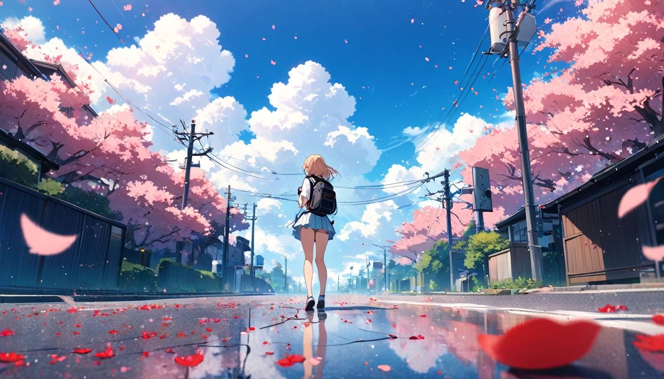 (masterpiece, Highest quality:1.4), 1 girl, solo, Anime Style, Back view, Headphones, White T-shirt, mini skirt, Hair fluttering, Backpack, Blue sky, White cloud, Low - Angle, Shooting from the ground, Blurred feeling, focal distance, The depth of the written world is shallow, Cherry tree, Cherry blossom petals, Petals fluttering, Plants, Electric pole, Japan, Streetscape, Petals scattered on the road, Red flower, electric wire.