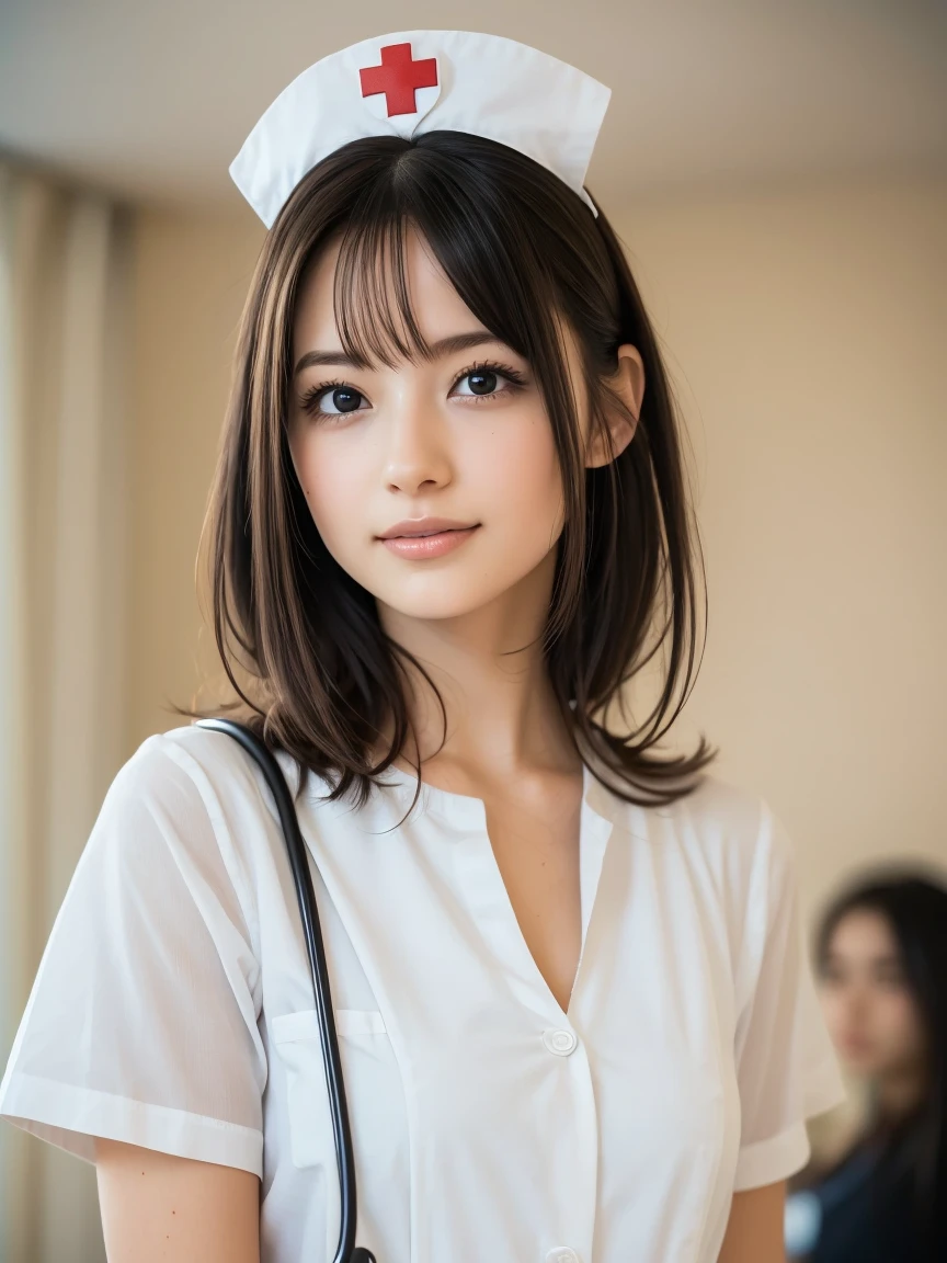 1. Pure Woman,(Wearing white nurse clothes:1.2),(RAW Photos, Highest quality), (Realistic, photo-Realistic:1.4), masterpiece, Two very delicate and beautiful women, Very detailed, Great Skin, Detailed face, Cool smile、Clean look、 Sparkling eyes, double eyelid, Ample breasts、High resolution, Soft Light, Beautiful detailed girl, Very detailed eyes and face, Beautiful and sophisticated nose, nurse, Perfect Anatomy, Black Hair, Upstyle, nurse uniform, ((nurse cap)), hospital, clear, White Uniform, hospital room, ((High resolution)),  short hair, bangs,Face Focus、