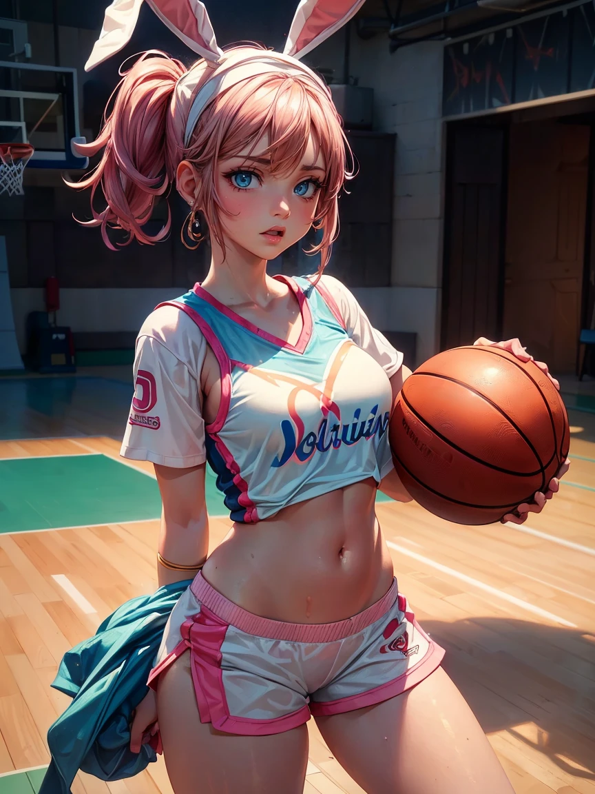 (NSFW lolabunny,  Bunnygirl, first bronzeada, blue colored eyes, pink nose, buck teeth, hair band, basketball uniform, white  shirt, White shorts, tummy, logo on shirt:1.2), (by ratte and nuzzo and kenket:0.7), first realisitic, Real, detailded, (first detalhada, first, corpo velues: 1.2), velues, anthropo, best qualityer, professional foto, fotorrealism, high qualiy, Volumetric, ray tracing, HDR, 4K, 8k, ress absurdos,  realisitic, maximum shading, ((NSFW, Masterpiece artwork)), (Close  up, portraite, on a basketball court:1.2),