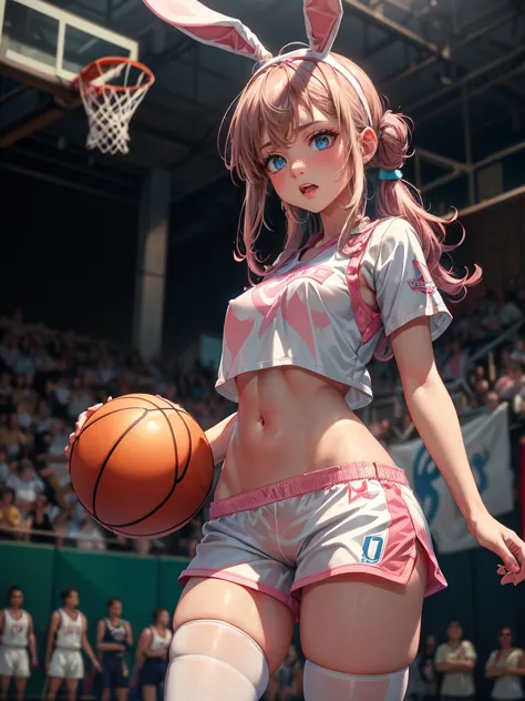 (nsfw lolabunny,  bunnygirl, first bronzeada, blue colored eyes, pink nose, buck teeth, hair band, basketball uniform, white  sh...