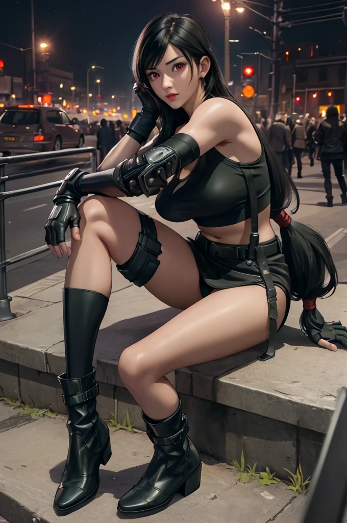 Tifa Lockhart, Final Fantasy VII,,Ankle boots, Black Hair, black skirt, black knee socks, Big Breasts, Cityscape, Crop top, Elbow Gloves, Elbow pads, fingerless gloves, whole body, Headrest, Small face,8 heads,Clear red eyes,lips,View your viewers, low-tied long hair, Panties,Midgar, Green light, night, masterpiece,Highest quality,High resolution,((Accurate human body)),The correct five fingers,True to prompts,Cinema Lighting,The right two legs,Open your legs,Pantiesが見える,