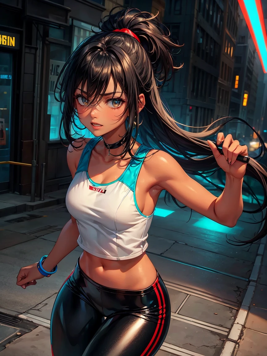 
high qualiy, Youngh, glad, ssmile, darkskin, grey-eyed, short white sleeveless t-shirt, tight leather pants, red and blue sneakers, long straight shiny black hair, a futuristic landscape, neon lights