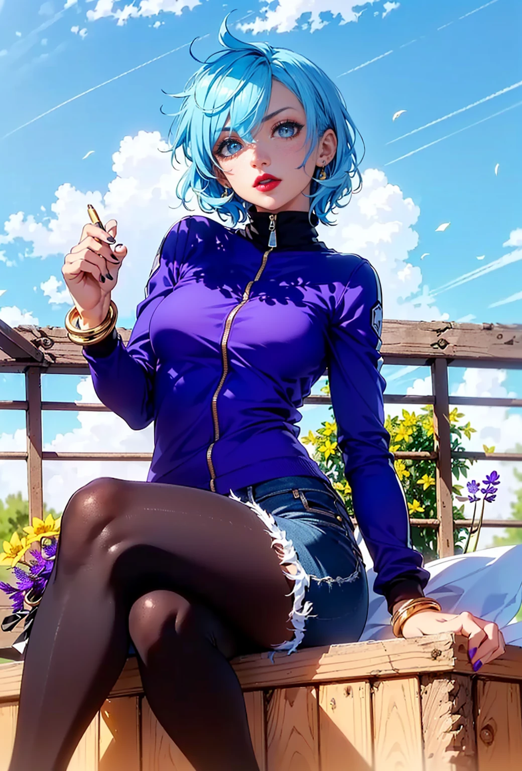 ((1girl, solo ,alone)), ((solo, 1woman, (pink lipstick, ( sinon1, light blue hair, short hair, light blue eyes, small bust ), woman, lipstick), Extremely detailed, ambient soft lighting, 4k, perfect eyes, a perfect face, perfect lighting, a 1girl)), ((solo, (1woman, lipstick), Extremely detailed, ambient soft lighting, 4k, perfect eyes, a perfect face, perfect lighting, a 1girl)), ((fitness, , shapely body, athletic body, toned body)) , ((dark purple coat, purple sweatshirt, denim shorts, ripped jeans, ripped shorts, tights, terrace, clouds, sky, trees, flowers, sitting cross-legged, crossed hands, smug, fine jewelry, gold bracelets, red lipstick, fine jewelry, jacaranda, parapet))