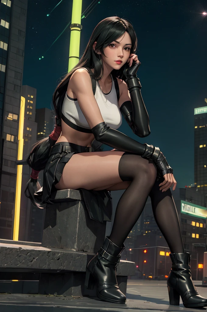 Tifa Lockhart, Final Fantasy VII,,Ankle boots, Black Hair, black skirt, black knee socks, Big Breasts, Cityscape, Crop top, Elbow Gloves, Elbow pads, fingerless gloves, whole body, Headrest, Small face,8 heads,Clear red eyes,lips,View your viewers, low-tied long hair, Panties,Midgar, Green light, night, masterpiece,Highest quality,High resolution,((Accurate human body)),The correct five fingers,True to prompts,Cinema Lighting,The right two legs,Open your legs,