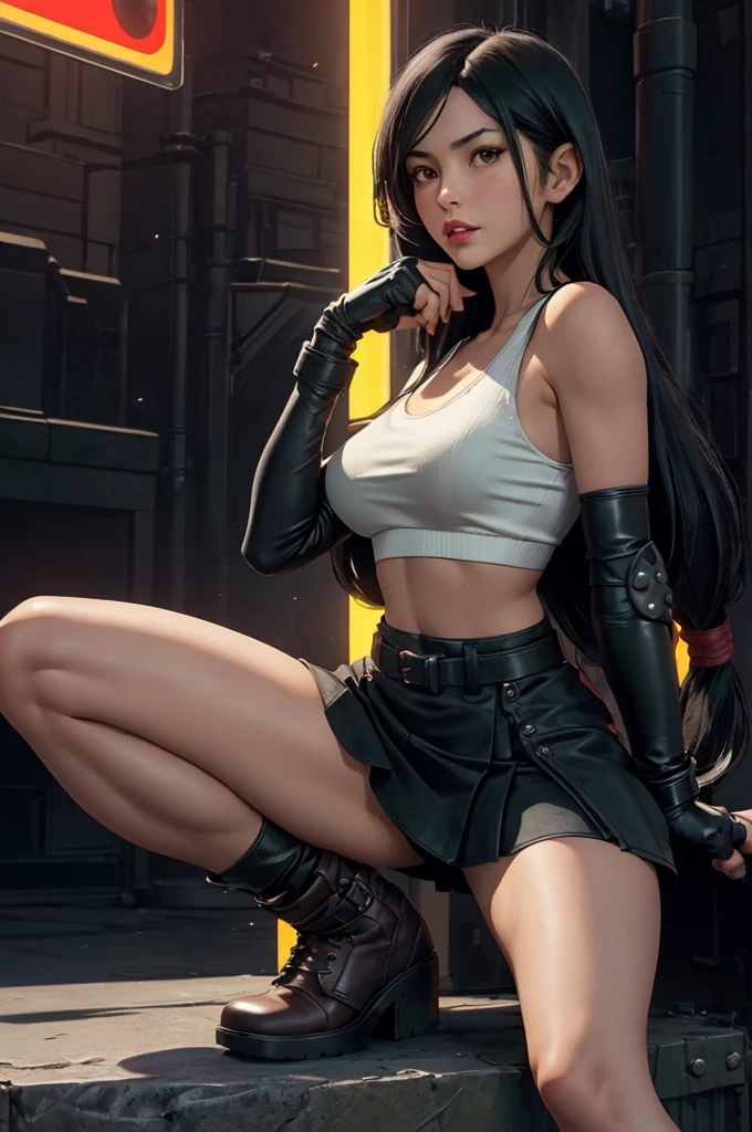 Tifa Lockhart, Final Fantasy VII,,Ankle boots, Black Hair, black skirt, black knee socks, Big Breasts, Cityscape, Crop top, Elbow Gloves, Elbow pads, fingerless gloves, whole body, Headrest, Small face,8 heads,Clear red eyes,lips,View your viewers, low-tied long hair, Panties,Midgar, Green light, night, masterpiece,Highest quality,High resolution,((Accurate human body)),The correct five fingers,True to prompts,Cinema Lighting,The right two legs,Open your legs,