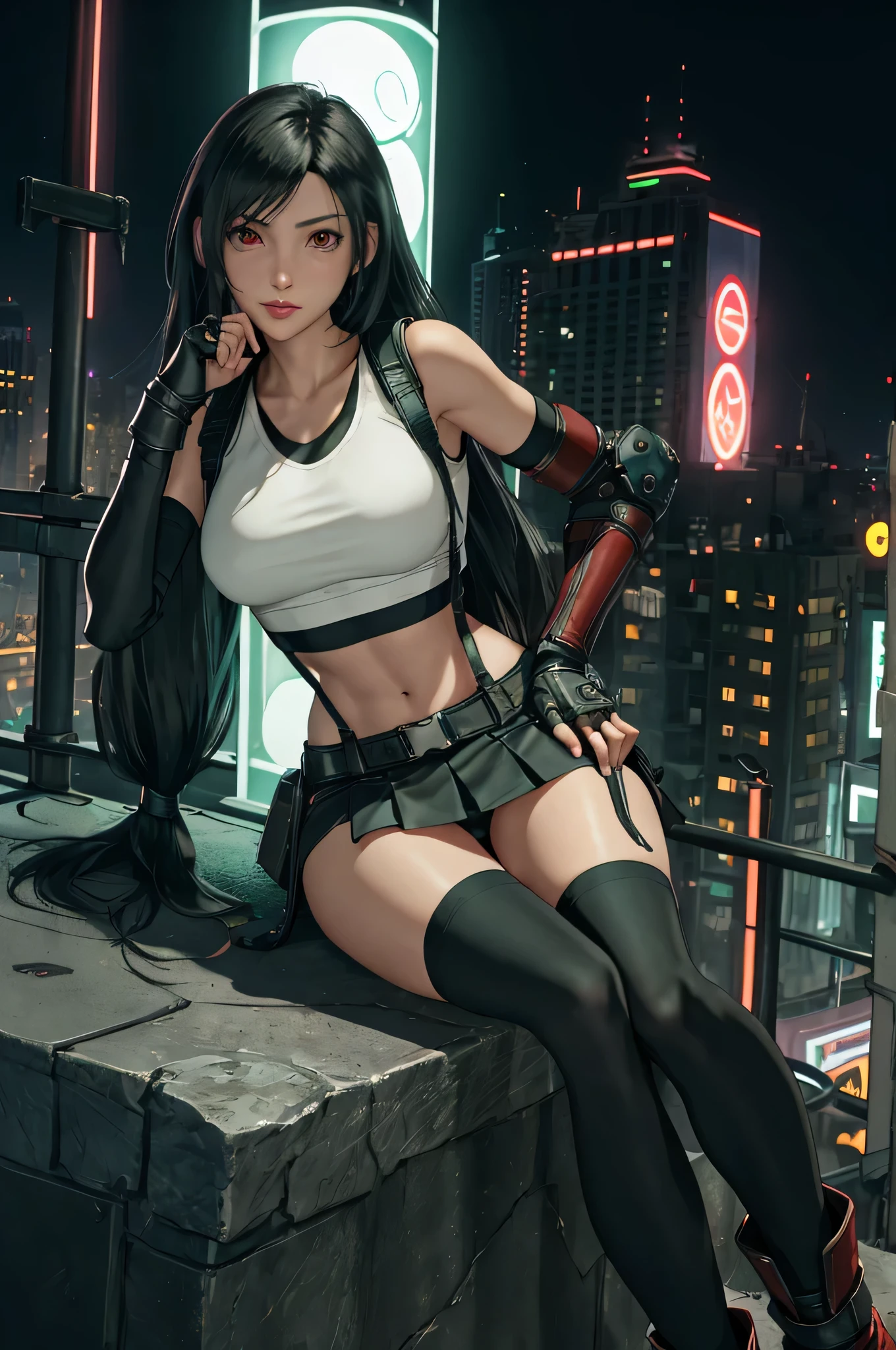 Tifa Lockhart, Final Fantasy VII,,Ankle boots, Black Hair, black skirt, black knee socks, Big Breasts, Cityscape, Crop top, Elbow Gloves, Elbow pads, fingerless gloves, whole body, Headrest, Small face,8 heads,Clear red eyes,lips,View your viewers, low-tied long hair, Panties,Midgar, Green light, night, masterpiece,Highest quality,High resolution,((Accurate human body)),The correct five fingers,True to prompts,Cinema Lighting,The right two legs