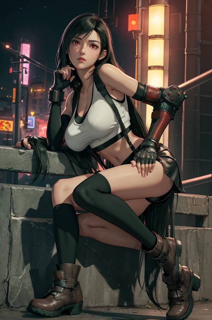 Tifa Lockhart, Final Fantasy VII,,Ankle boots, Black Hair, black skirt, black knee socks, Big Breasts, Cityscape, Crop top, Elbow Gloves, Elbow pads, fingerless gloves, whole body, Headrest, Small face,8 heads,Clear red eyes,lips,View your viewers, low-tied long hair, Panties,Midgar, Green light, night, masterpiece,Highest quality,High resolution,((Accurate human body)),The correct five fingers,True to prompts,Cinema Lighting,The right two legs