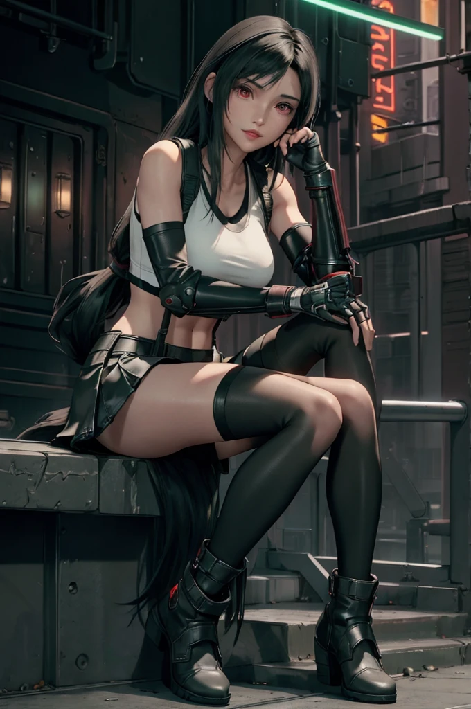 Tifa Lockhart, Final Fantasy VII,,Ankle boots, Black Hair, black skirt, black knee socks, Big Breasts, Cityscape, Crop top, Elbow Gloves, Elbow pads, fingerless gloves, whole body, Headrest, Small face,8 heads,Clear red eyes,lips,View your viewers, low-tied long hair, Panties,Midgar, Green light, night, masterpiece,Highest quality,High resolution,((Accurate human body)),The correct five fingers,True to prompts,Cinema Lighting,The right two legs