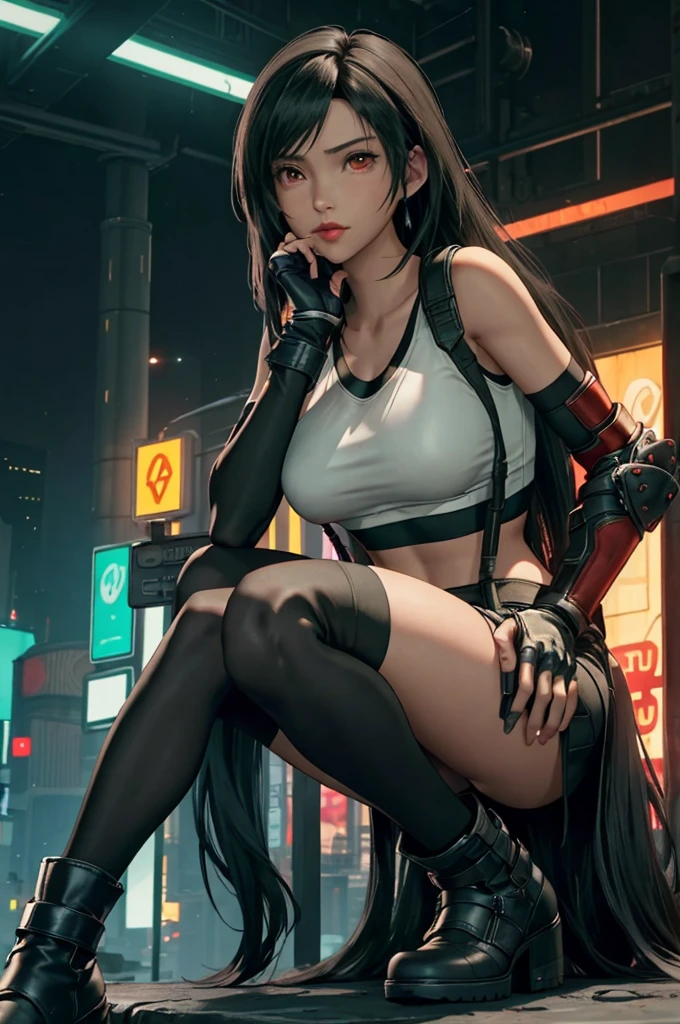 Tifa Lockhart, Final Fantasy VII,,Ankle boots, Black Hair, black skirt, black knee socks, Big Breasts, Cityscape, Crop top, Elbow Gloves, Elbow pads, fingerless gloves, whole body, Headrest, Small face,8 heads,Clear red eyes,lips,View your viewers, low-tied long hair, Panties,Midgar, Green light, night, masterpiece,Highest quality,High resolution,((Accurate human body)),The correct five fingers,True to prompts,Cinema Lighting,The right two legs