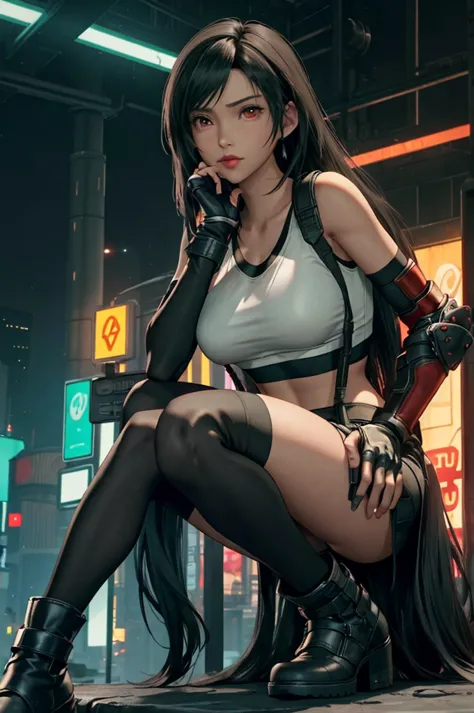 tifa lockhart, final fantasy vii,,ankle boots, black hair, black skirt, black knee socks, big breasts, cityscape, crop top, elbo...