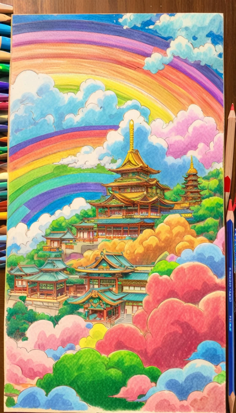  詳細なAnime Art慈母観音, Ride the Clouds, There are many Bodhisattvas around, Colorful Clouds, Absurd, Anime Art, art，advertisement，Colored pencil drawing，draft 