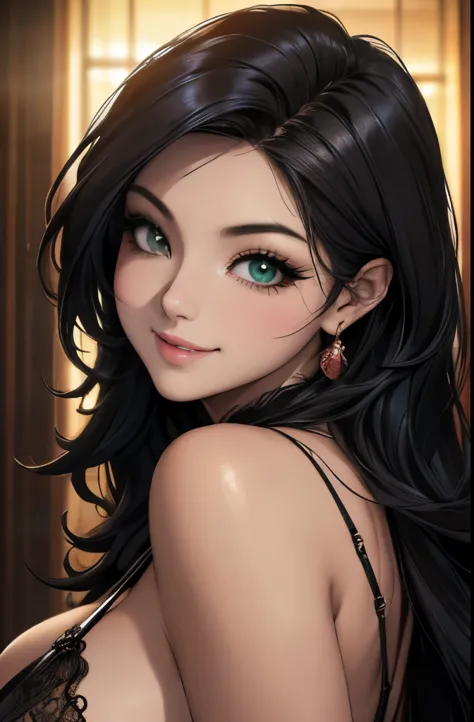 realistic, a glamour shot of an asian waifu smiling shyly (extremely long curly hair), hand on her chin, hard nipples, big ass, ...