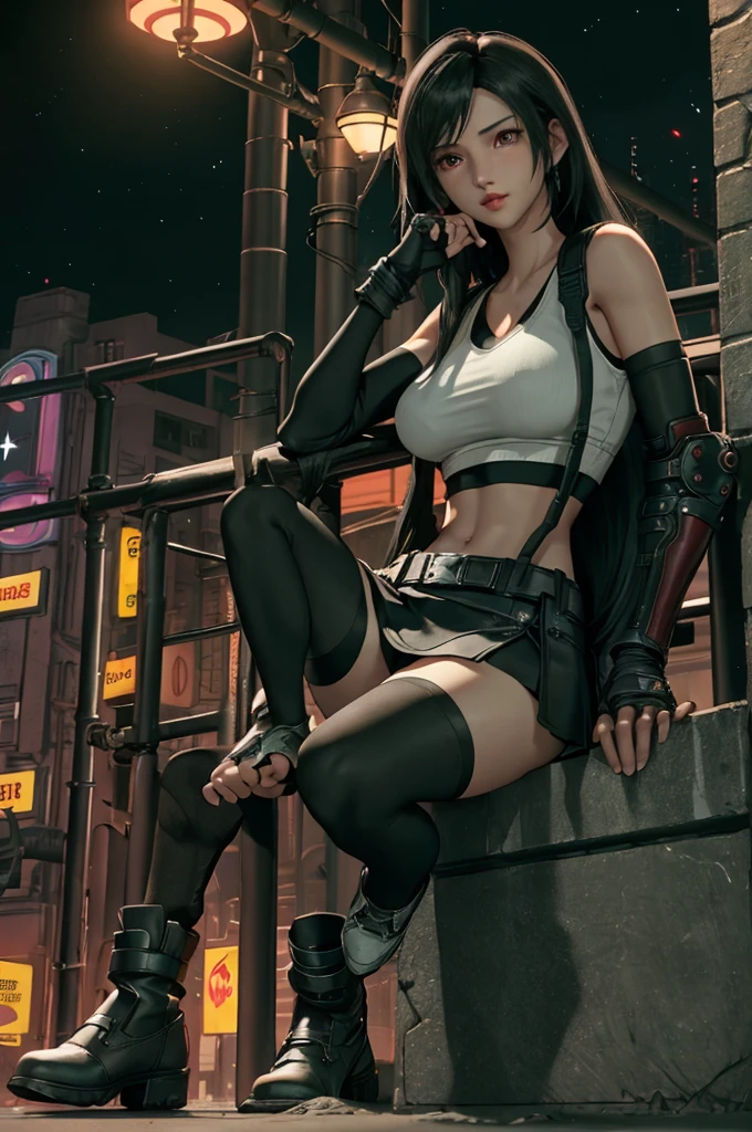 Tifa Lockhart, Final Fantasy VII,,Ankle boots, Black Hair, black skirt, black knee socks, Big Breasts, Cityscape, Crop top, Elbow Gloves, Elbow pads, fingerless gloves, whole body, Headrest, Small face,8 heads,Clear red eyes,lips,View your viewers, low-tied long hair, Panties,Midgar, Green light, night, masterpiece,Highest quality,High resolution,((Accurate human body)),The correct five fingers,True to prompts,Cinema Lighting,The right two legs,, female masturbation