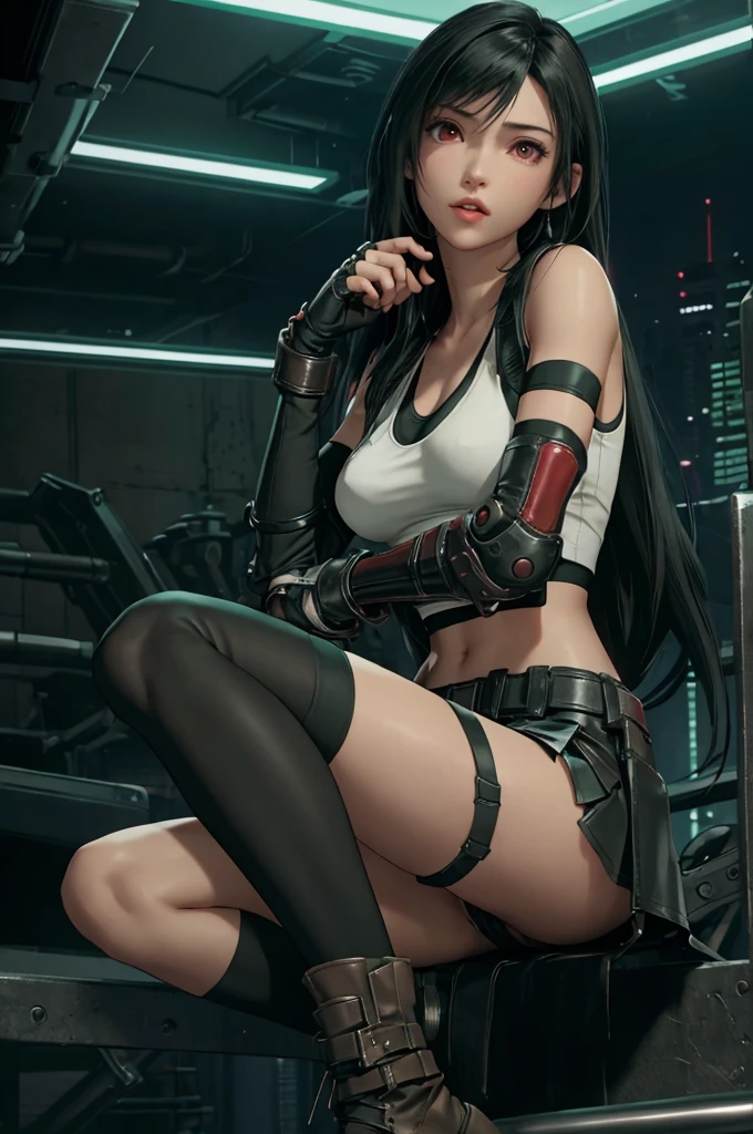 Tifa Lockhart, Final Fantasy VII,,Ankle boots, Black Hair, black skirt, black knee socks, Big Breasts, Cityscape, Crop top, Elbow Gloves, Elbow pads, fingerless gloves, whole body, Headrest, Small face,8 heads,Clear red eyes,lips,View your viewers, low-tied long hair, Panties,Midgar, Green light, night, masterpiece,Highest quality,High resolution,((Accurate human body)),The correct five fingers,True to prompts,Cinema Lighting,The right two legs,, female masturbation