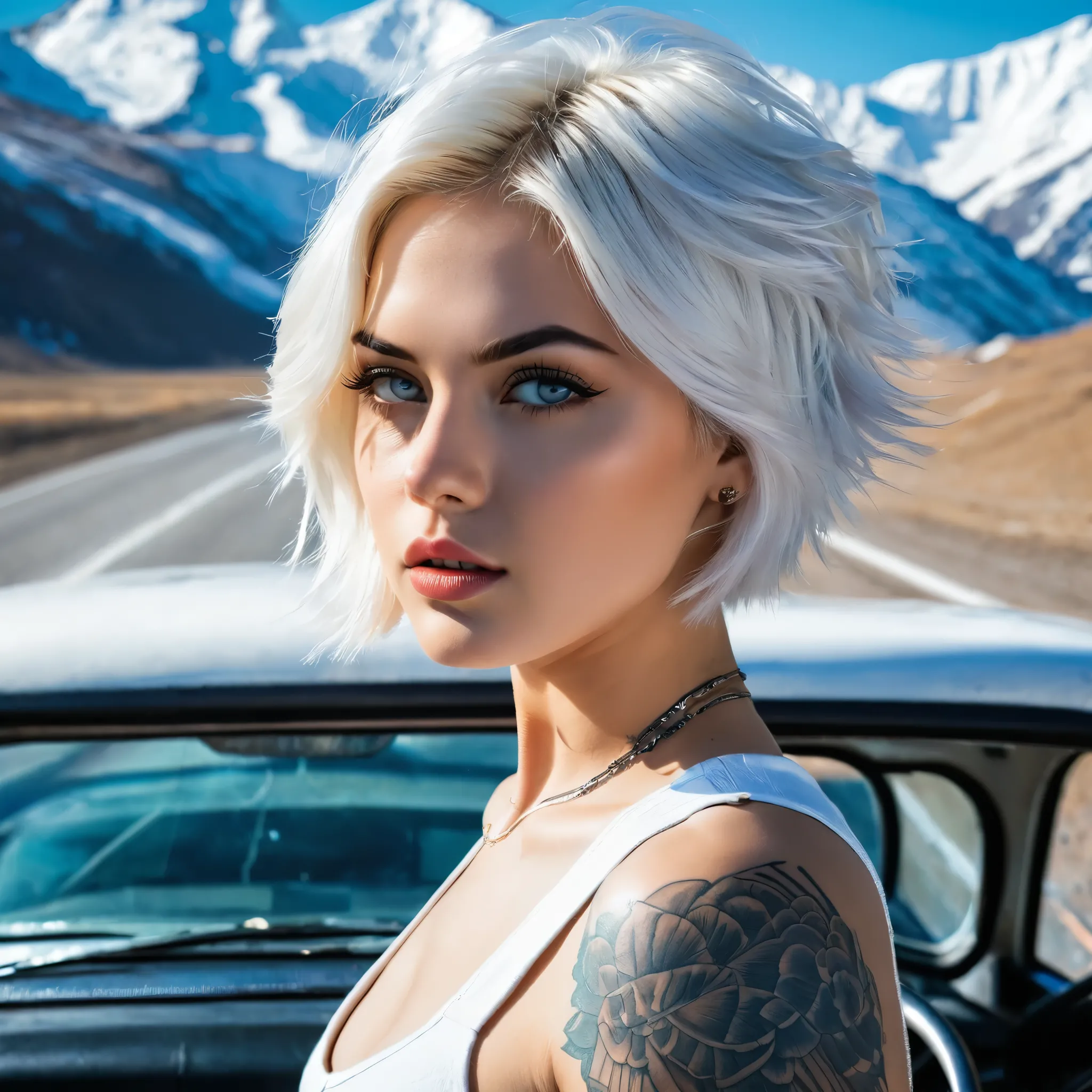 ((RAW photo), absurd, (absurdresolution)), masterpiece, best quality, close-up photo of very attractive, beautiful girl, ((seductive look, ultra-detailed sharp pupil, realistic)), fit girl, (perfect girl with short white broken hair), (sexy crop top), (tattoos, sexy look), (((driving materialistic trailer))), (background: snowy mountains), (side view, drone view. Photographic Perspective). «SunPuma S»