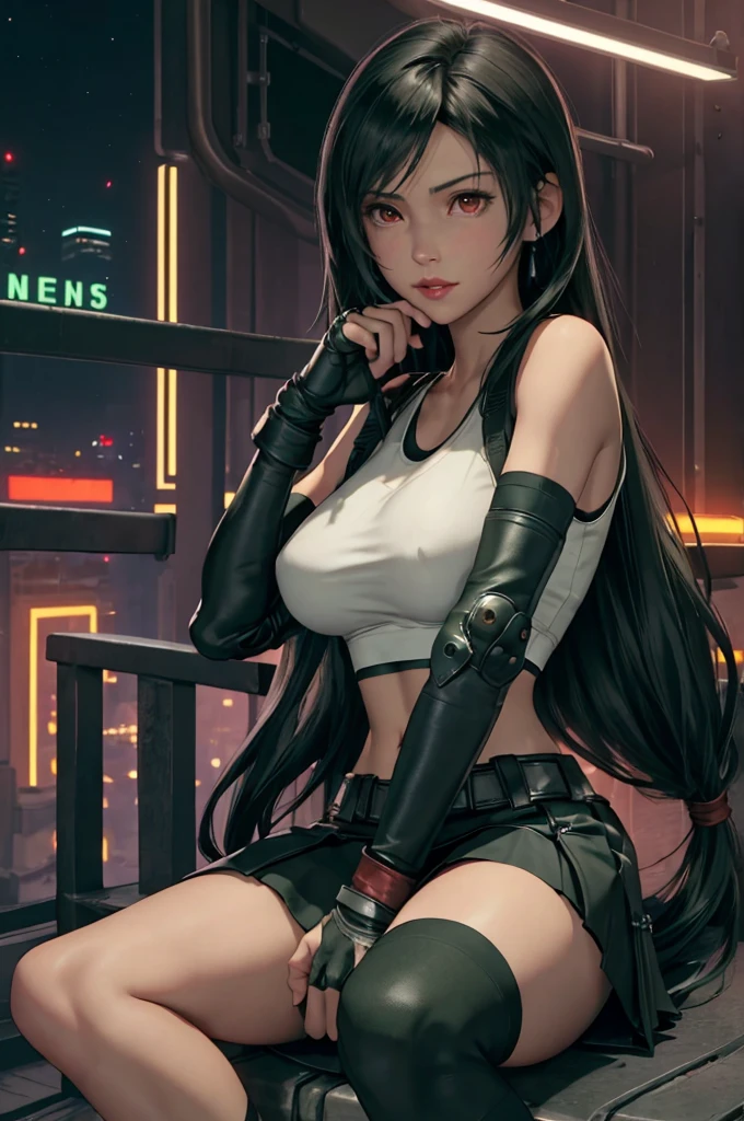 Tifa Lockhart, Final Fantasy VII,,Ankle boots, Black Hair, black skirt, black knee socks, Big Breasts, Cityscape, Crop top, Elbow Gloves, Elbow pads, fingerless gloves, whole body, Headrest, Small face,8 heads,Clear red eyes,lips,View your viewers, low-tied long hair, Panties,Midgar, Green light, night, masterpiece,Highest quality,High resolution,((Accurate human body)),The correct five fingers,True to prompts,Cinema Lighting,The right two legs,, female masturbation