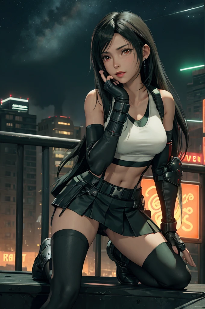 Tifa Lockhart, Final Fantasy VII,,Ankle boots, Black Hair, black skirt, black knee socks, Big Breasts, Cityscape, Crop top, Elbow Gloves, Elbow pads, fingerless gloves, whole body, Headrest, Small face,8 heads,Clear red eyes,lips,View your viewers, low-tied long hair, Panties,Midgar, Green light, night, masterpiece,Highest quality,High resolution,((Accurate human body)),The correct five fingers,True to prompts,Cinema Lighting,The right two legs,, female masturbation