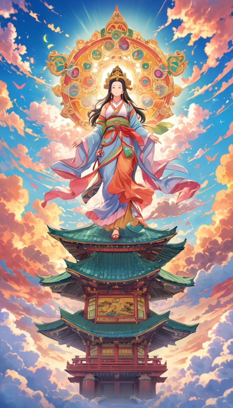  詳細なAnime Art, Hand-painted Mother Kannon statue, Ride the Clouds, There are many Bodhisattvas around, Colorful Clouds, Absurd, Anime Art, art，advertisement，Colored pencil drawing，draft 