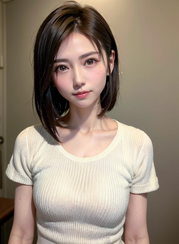 Summer knit with short hair and white, summer knit, Short hair, short hair with bangs, Cute face girl, Cute little face in portrait, French Bob, pale fair skin!!, soft portrait shot 8 k, Beautiful light eyes, Beautiful young girl, Young girl in a bob cut, Top image quality, masutepiece