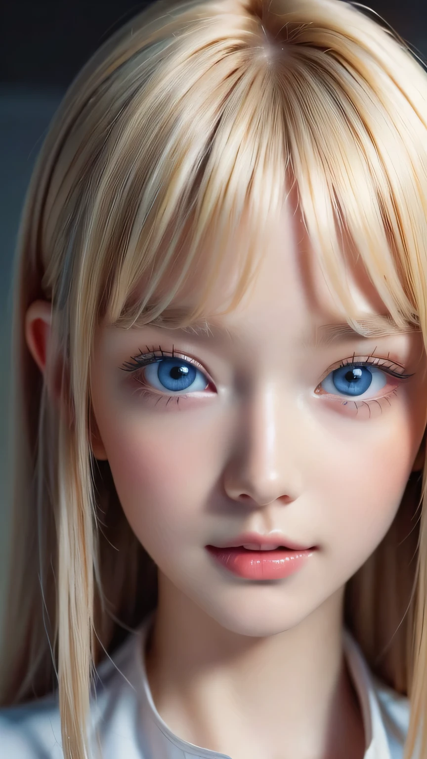 (Close-up:1.4)、(RAW shooting:1.2)、(Photorealistic:1.4)、(masterpiece:1.3)、(Highest quality:1.4)、Bright expression、Very beautiful blonde babyface girl、A beautiful blonde girl of extraordinary beauty、Detailed cute and beautiful face、Beautiful flowing bangs、Shiny white glossy skin、bangs on the face、Bangs that reach the face、Bangs between the eyes、Super long blonde hair、Attractive bright platinum blonde super long straight silky hair、Thin Hair、Attractive, shining, clear, very bright light blue eyes、Very big eyes、White Apron、Yellow dress、eyeliner、Double eyelids、Ample Bust、Upper body、Extremely white, youthful skin、Cheek gloss highlighter